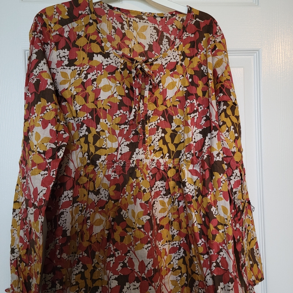 Women's colorful cotton tunic, round neck with front slit opening, elasticated w